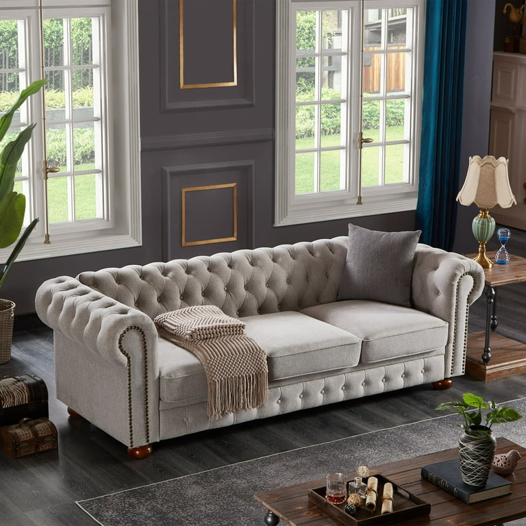 88.5 Linen Fabric Chesterfield Sofa 3 Seater Button Tufted Scroll Arms Nailhead Trims Padded Seat Light Grey Walmart