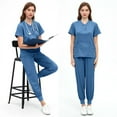 thumbnail image 5 of LYMAYTER Womens V-Neck Medical Uniform Solid Color Multi-pocket Design Overalls Set for S-2XL, 5 of 7