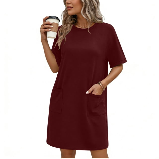 TaTaai Ladies Classic Solid Color Round Neck Short Sleeve Casual Dress with Functional Pockets Soft Stretchy Material Fashion Midi Dress for Spring Summer Daily Outings Gift