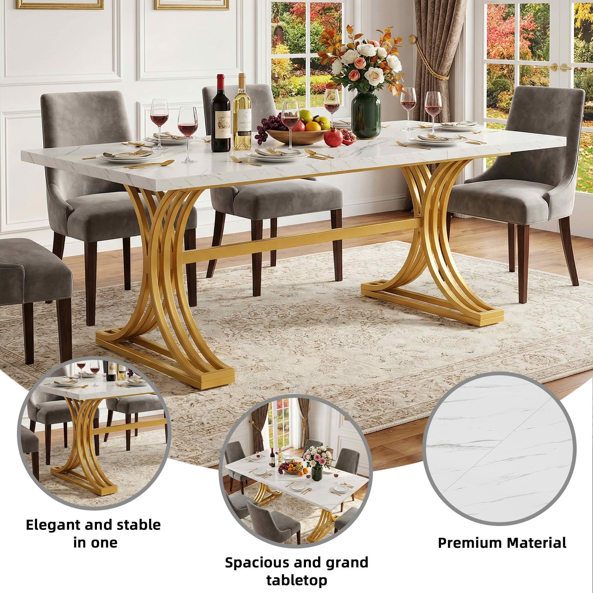 MAYEERTY 63" Faux Marble Gold Metal Dining Table, Modern Elegant Kitchen Table