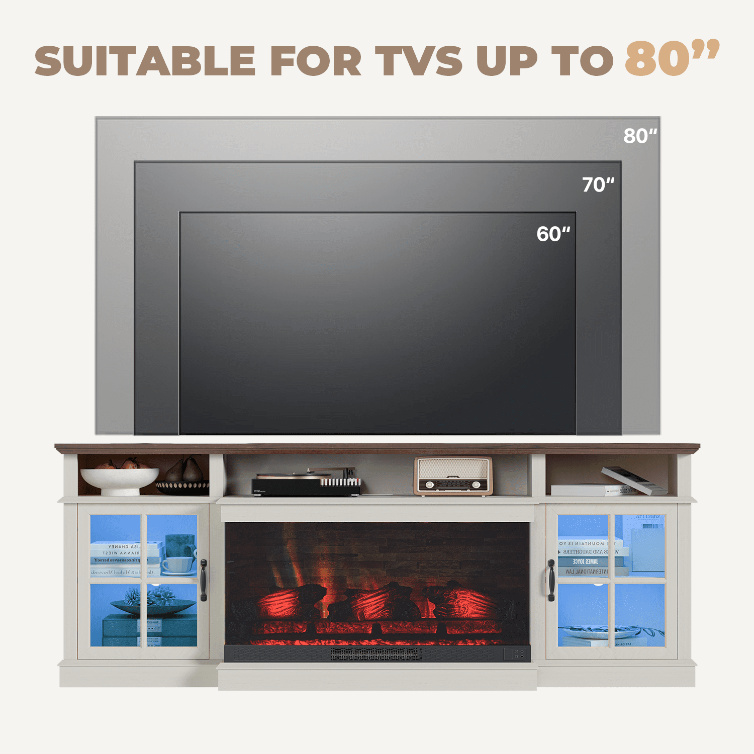 BaPiPro 70" Farmhouse Fireplace TV Stand for TVs Up to 80", Entertainment Center with 3-Sided 36" Electric Fireplace & LED Lights, 2 Drawers & 2 Storage Cabinet, White