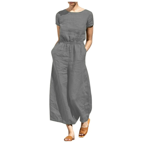 Riforla Women's Summer Solid High Waist Short Sleeve Wide Leg Jumpsuit Casual Loose Fit Pantsuit Casual Jumpsuits for Women Grey XXXL