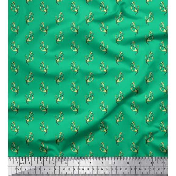 Soimoi Green Cotton Voile Fabric Anchor Hook Nautical Print Fabric by the Yard 42 Inch Wide