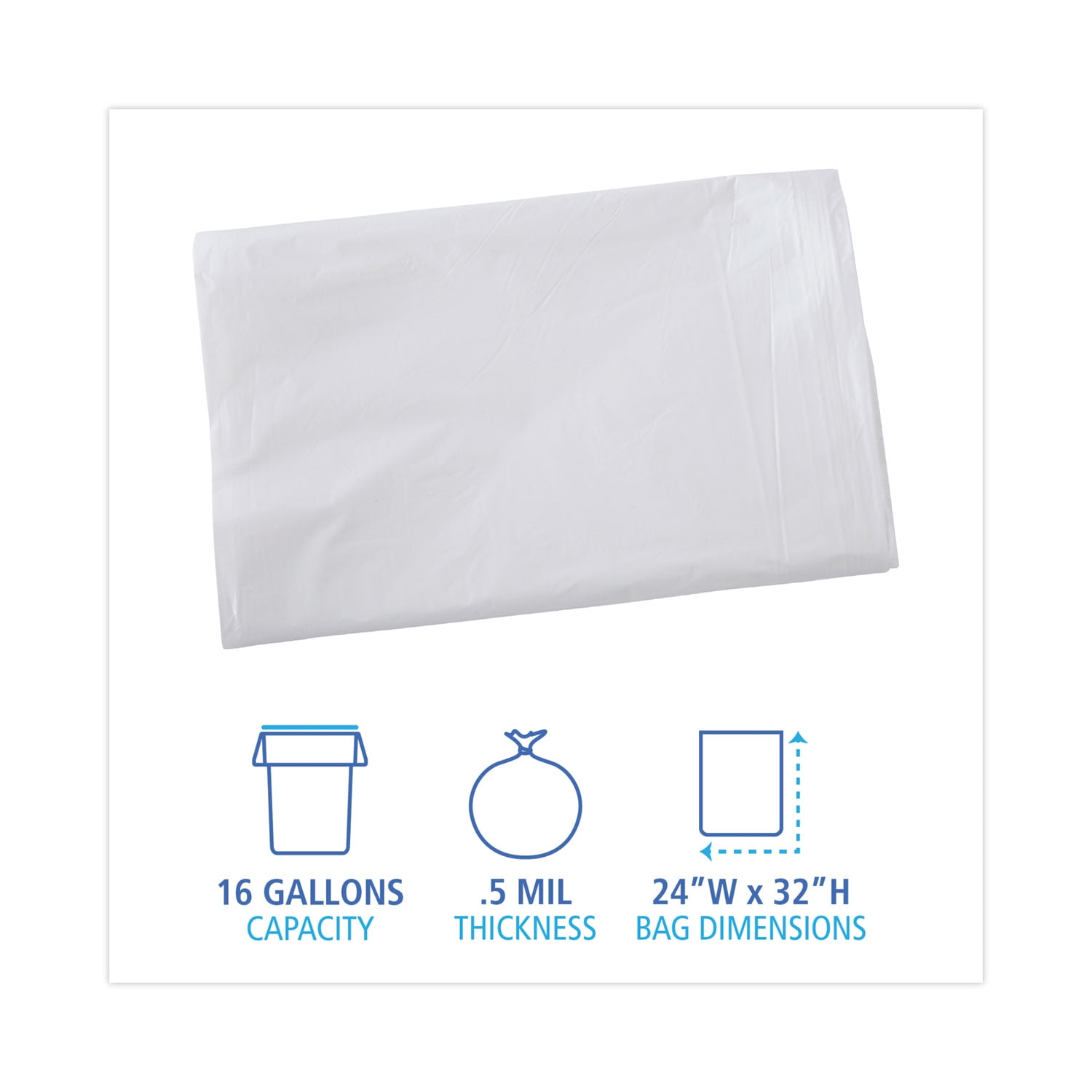 Boardwalk Linear Low Density Industrial Trash Bags, 16 gal, 0.5 mil, 24 x 32, White, 500/Carton