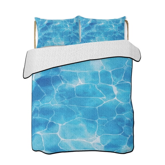 Quilts Queen Size Bedding Set, Blue Waves Reversible Summer Quilt 3 Pieces, Seaside Summer Ocean Nautical Coastal Lightweight Bedspreads Coverlets with 2 Pillow Shams for All Seasons
