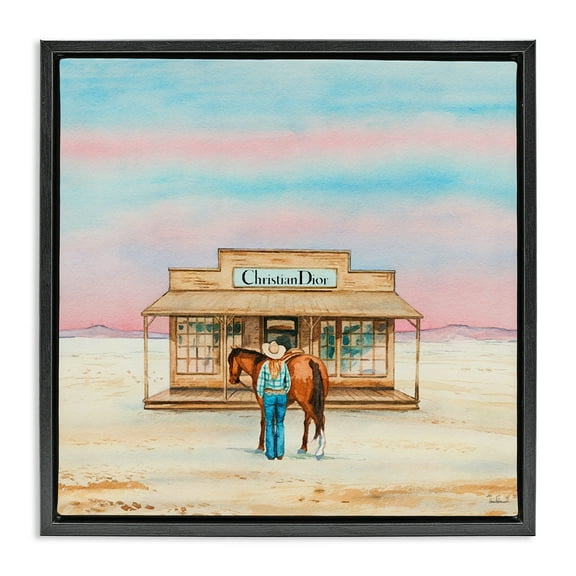 Stupell Industries Cowgirl & Horse Shopping Fashion Painting Black Floater Framed Canvas Art Print Wall Art, 18 x 18