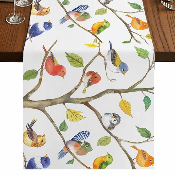 Watercolor Bird 70 Inch Table Runner, Modern Spring Branch Colorful Leaf Farmhouse Dresser Scarf Cotton & Linen Tablerunner for Dining/Kitchen Island/Holiday Party Décor 13" x 70"