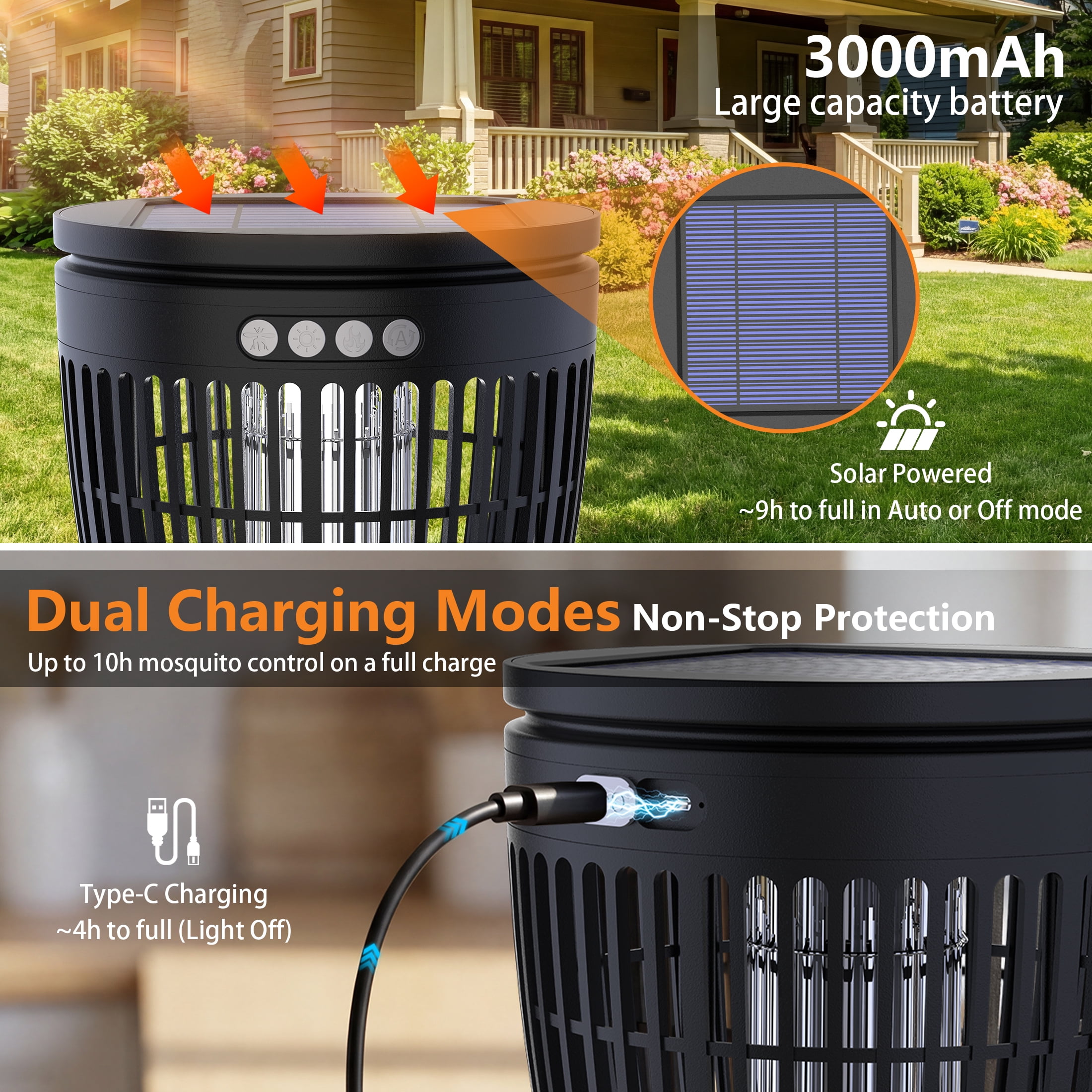 Aukfa Solar Bug Zapper Outdoor, 4200V 3-in-1 Mosquito Zapper, Flame Light & RGB Projector, IPX5