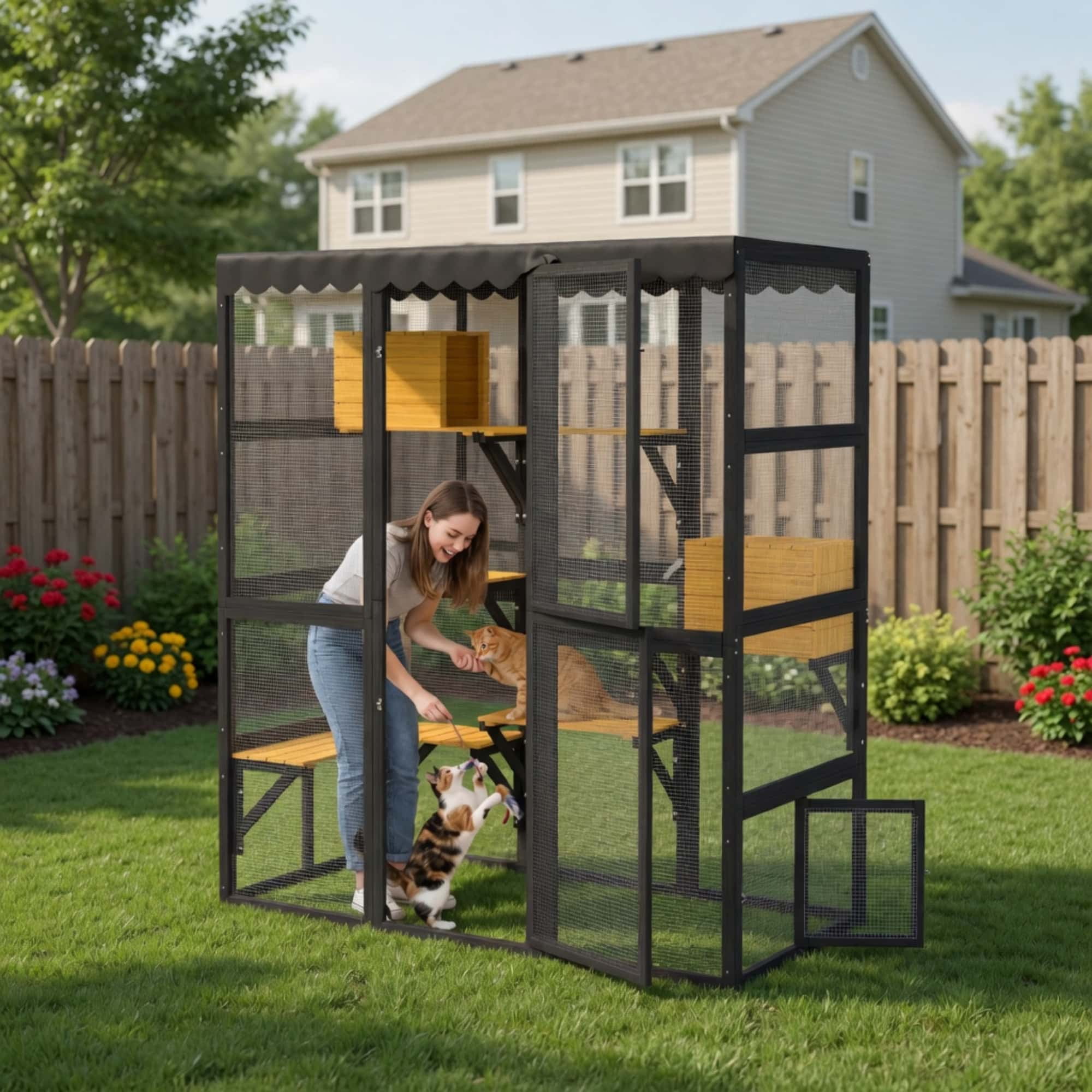 GYSIBAPO Large Wooden Catio Outdoor Cat Enclosure, Walk-in Cat House with 2 Condos, 5 Platforms, 4 Doors & Weatherproof Roof