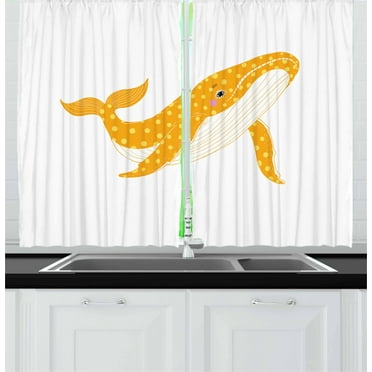 Ambesonne Whale Kitchen Curtains, Polka Dotted Ocean Animal, 55"x39", Marigold Yellow