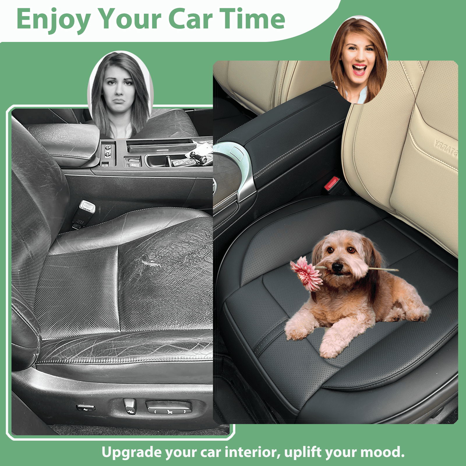 2 Pack Leather Front Car Seat Cover Bottom Only, Anti-Slip Padded Seat Cushion, Full Wrap Seat Protector with Storage Function Universal Fit for Most Cars, SUV, Pick-up Trucks (Black)