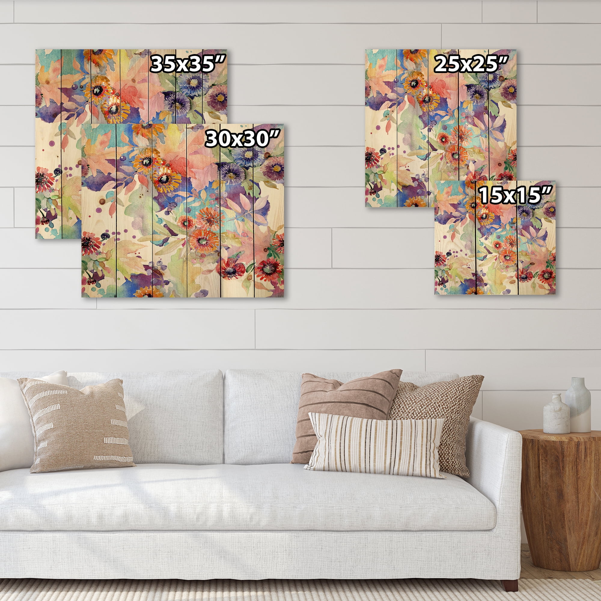 Designart 'Abstract Bouquet Floral Botanical Flowers' Modern Print on Natural Pine Wood