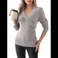 thumbnail image 2 of Suéteres de Larga con Cuello en V para Mujer, Suéteres Cruzados y Fruncidos, Blusas de Otoño Gris S, 2 of 8