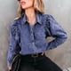thumbnail image 3 of Camisa vaquera Cuello vuelto Botones en el pecho Puff Manga larga Chaqueta vaquera elegante de moda, 3 of 6