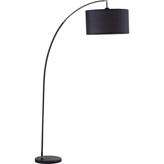Strathaven 78" Tall Metal Arching Floor Lamp with Hanging Black Shade in Black