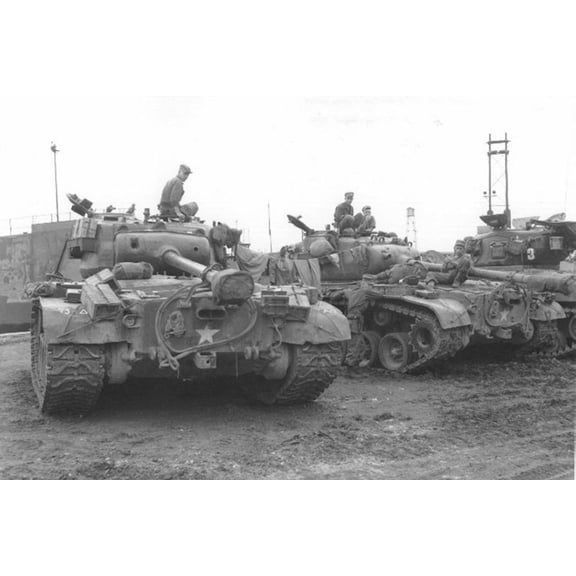 24x36 gallery poster, M26 Pershing and M4 Sherman tanks, 73rd Heavy Tank Battalion at the Pusan Docks, Korean War