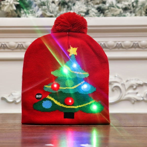 Christmas Hat Knit LED Light Hat For Unisex Winter Pom Pom Hats, Holiday Party Beanie Cap Xmas Gifts MulticolorPlush Santa Hat, Traditional Red and White Plush Christmas Santa Hat for Christmas Party