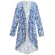Women's Plus size 1x Extra Tall Cascading Cardigan Cascade Royal Blue Floral Dressed Up Slinky Casual Long Flowy Drape Lightweight Duster Sweater Made in USA