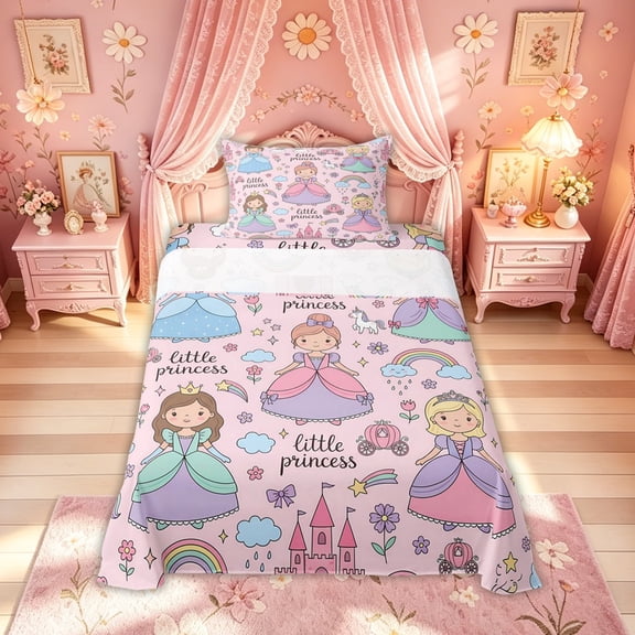 Meiyoeat Cute Princess Castle Rainbow Twin Sheet Sets for Kids Girls, Girly Pink Cartoon Bedding, 3 Pieces