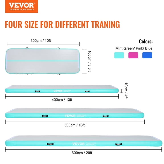 Gymnastics Air Mat,4"Thickness Inflatable Gymnastics Tumbling Mat,Tumble Track with Electric Pump,Training Mats for Home Use/Gym/Yoga/Cheerleading/Beach/Park/Water,10 ft,Mint Green