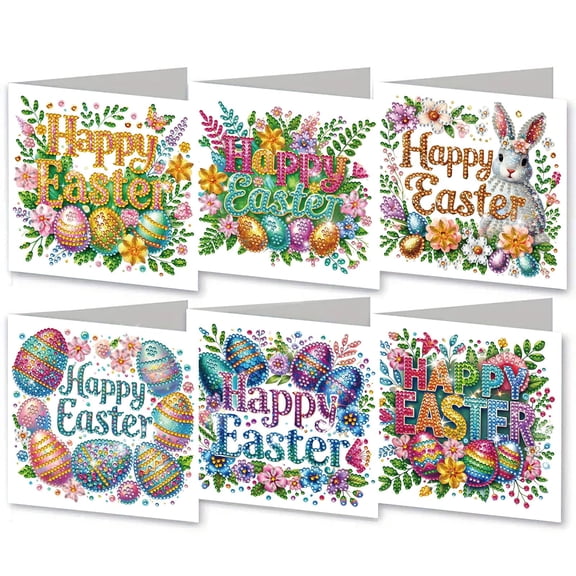 FLOPESN 6Pcs DIY Folding Greeting Card Easter Diamond Art Painting Creative Thank You Cards Set for Holiday Crafts Gift-Easter Font