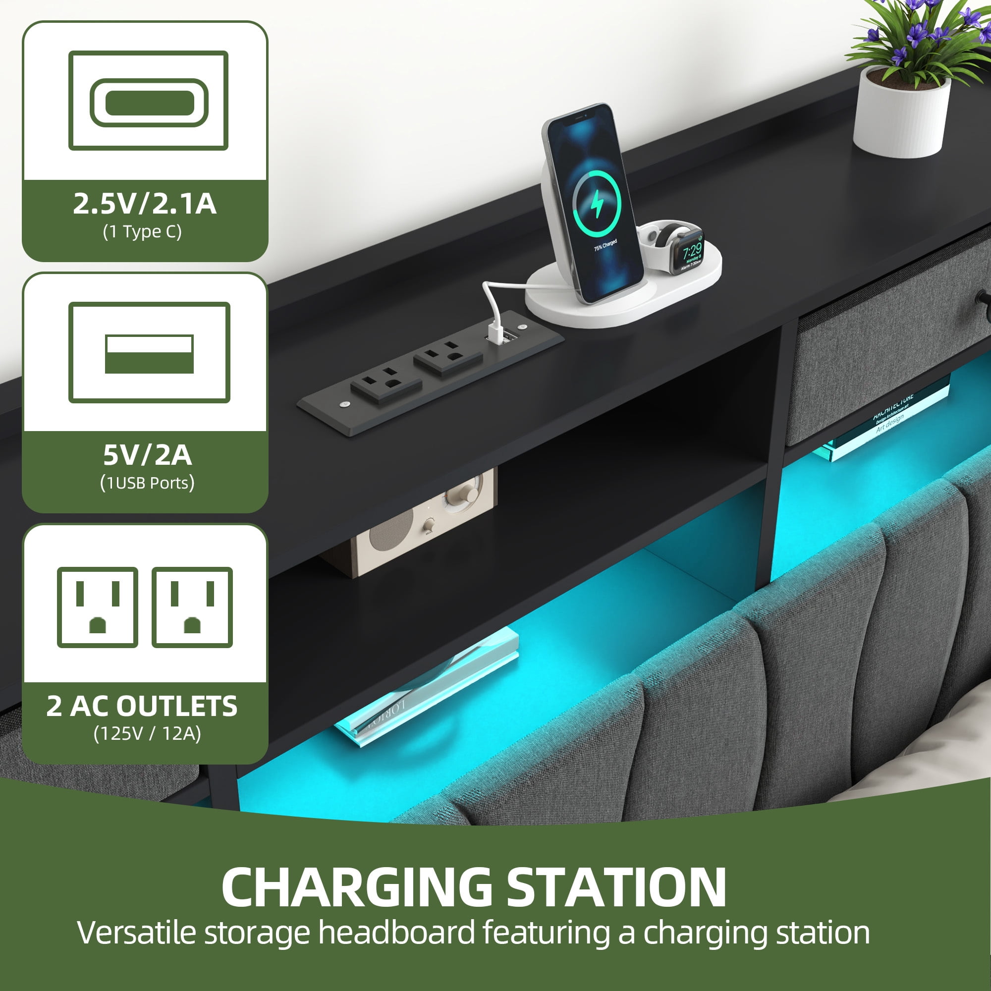 Uforic Queen Upholstered Bed Frame with Charging Station, LED Platform Bed with Storage Drawers,Gray