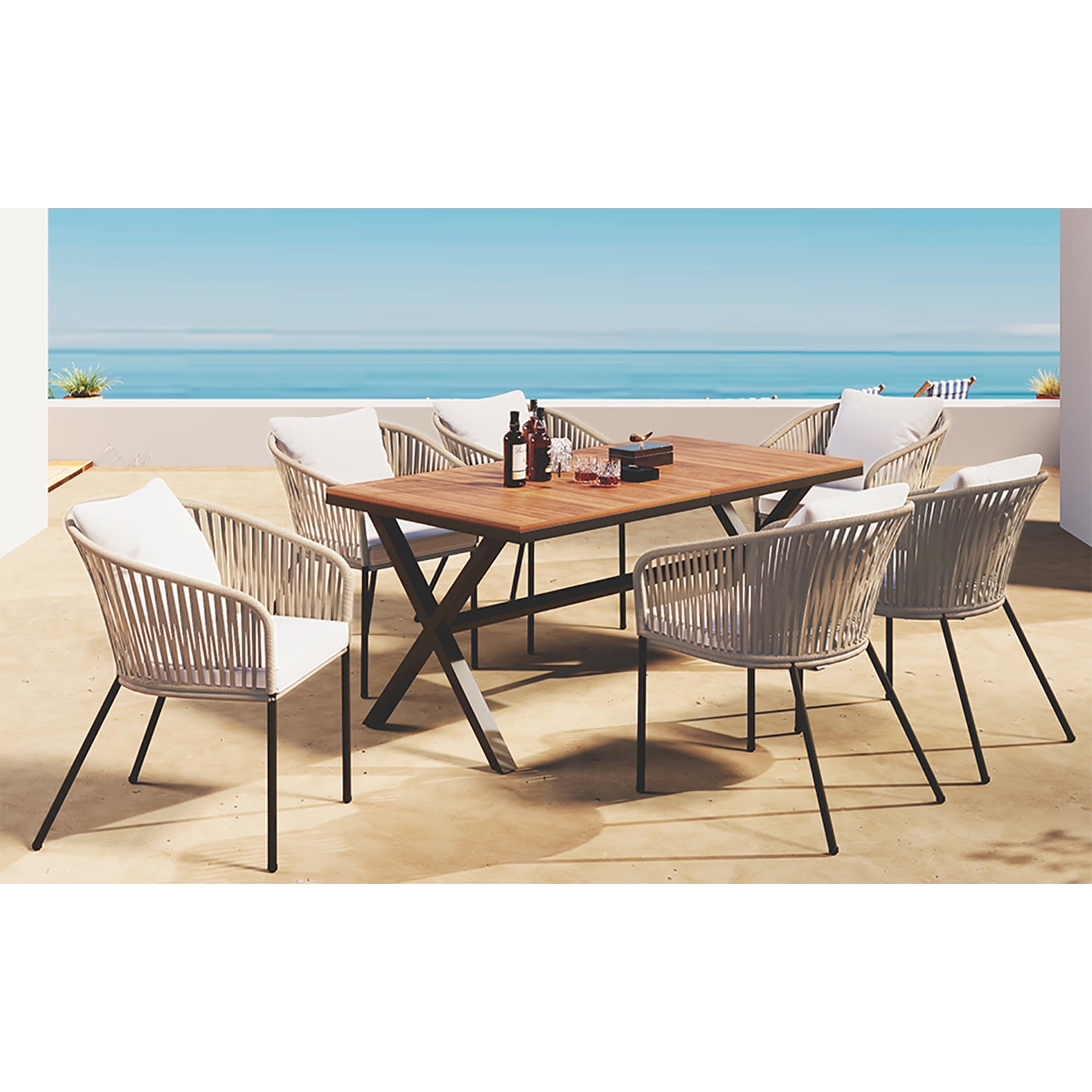 Aimee Lii 7 Pieces Outdoor Patio Dining Set Acacia Wood Garden Table with Umbrella Hole and Rope Metal Frame Chairs, Outdoor Furniture Set, Beige Aimee Lii 7 Pieces Outdoor Patio Dining Set Acacia Wood Garden Table with Umbrella Hole and Rope Metal Frame Chairs, Outdoor Furniture Set, Beige