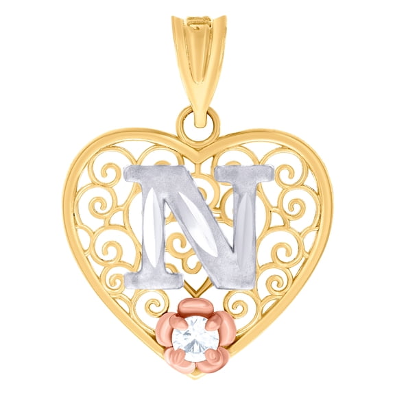 10k Tri-color Gold Womens Love Heart Letter Name Personalized Monogram Initial N Charm Pendant Necklace 24.8x18.50mm Wid