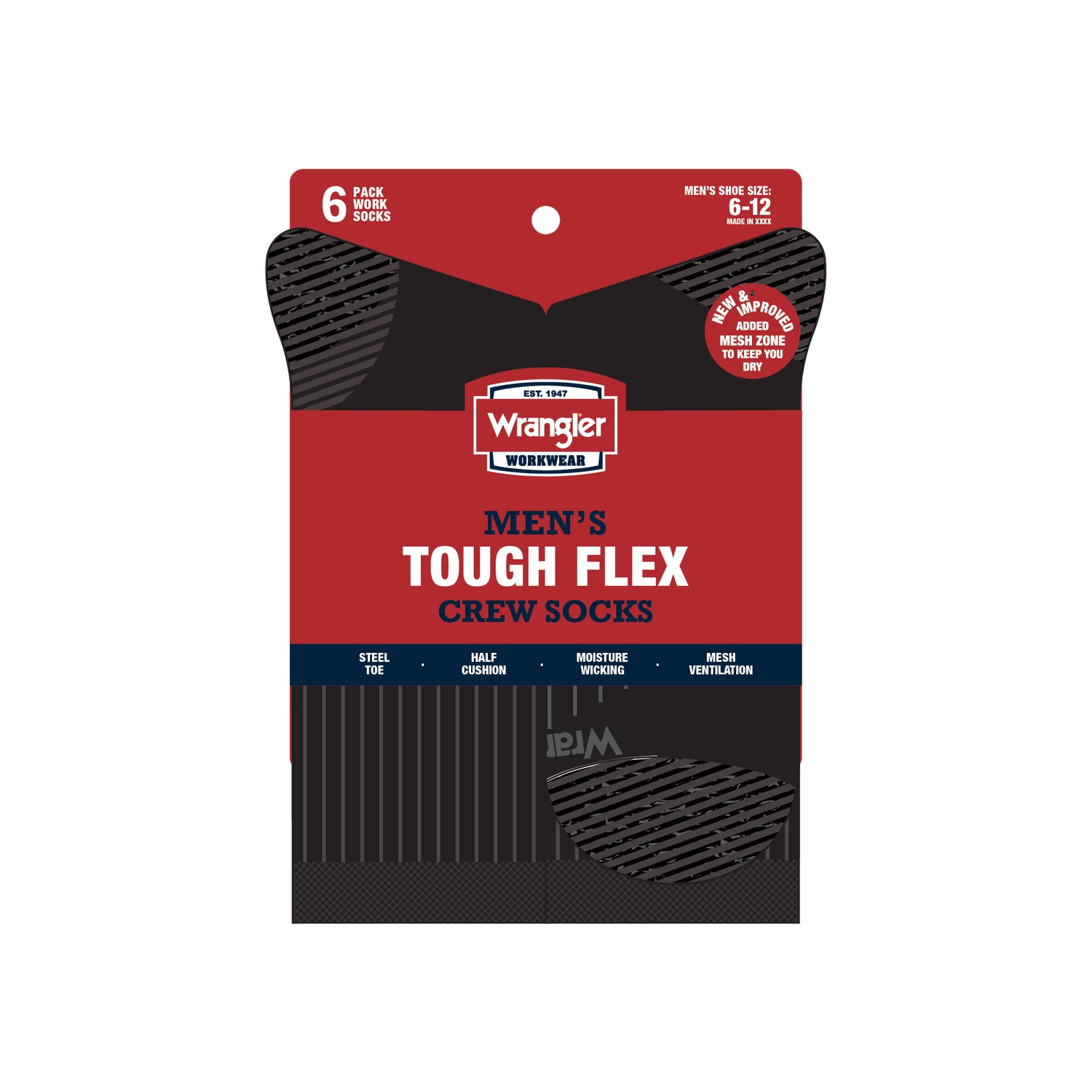 Wrangler Men's Crew Work Socks, 6-Pack, Black photo 1