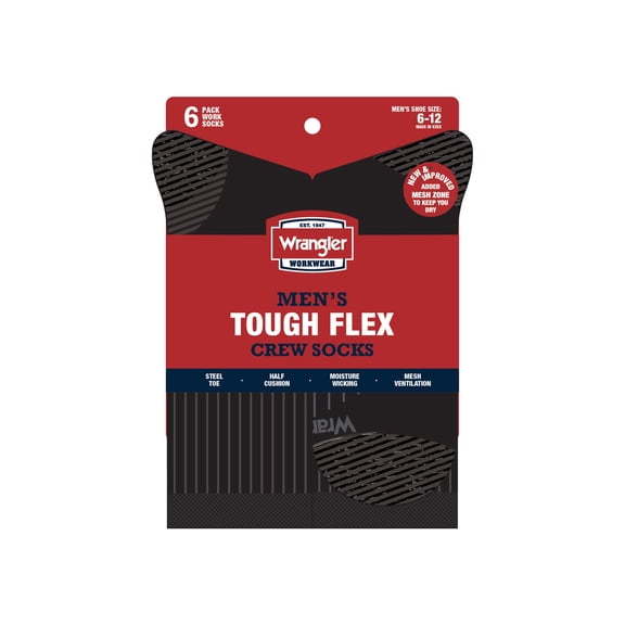 Wrangler Men's Ultimate Durable Work Socks, Crew Socks for Men, Black, 6 Pack