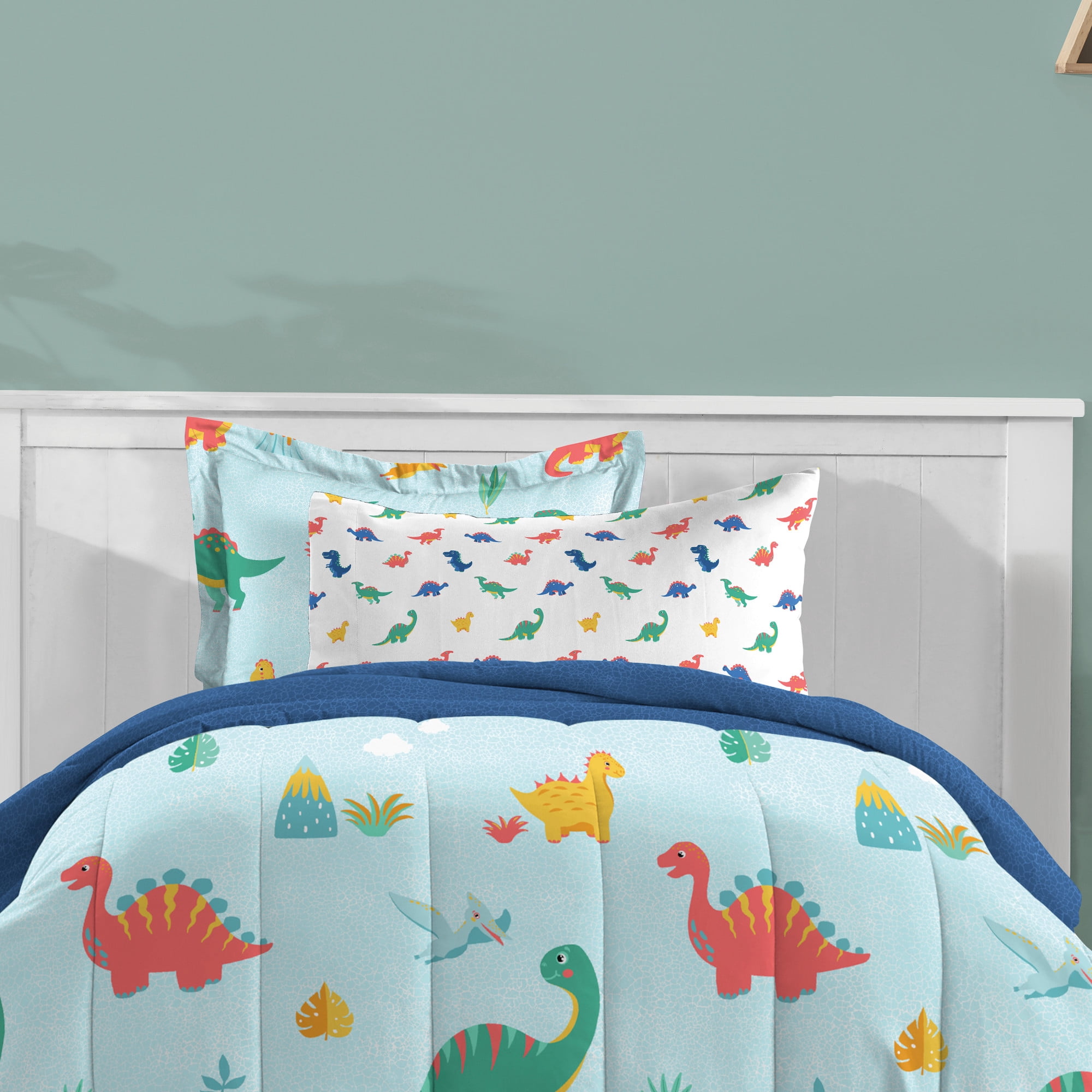 Dream Factory Sweet Dino Twin Bed in a Bag Blue, Microfiber, 100% Polyester Fill, Male, Child
