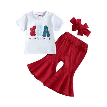 

4th of July Kids Girls Clothes Set USA Print Short Sleeve T-Shirts Red Flared Pants Headband Independence Day 3Pcs Outfits