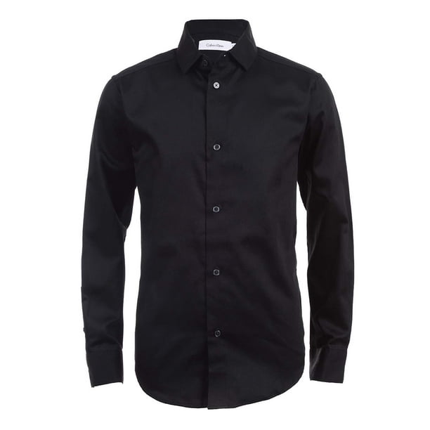Calvin Klein Big Boys' Long Sleeve Sateen Dress Shirt, Black, 16 
