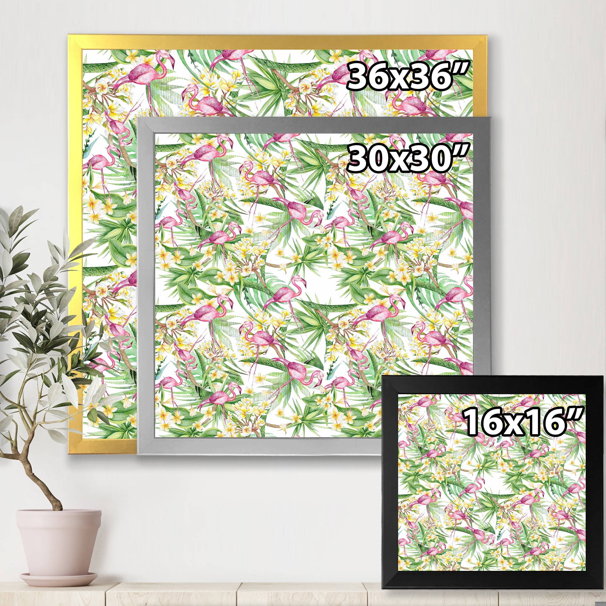 Designart 'Yellow Flowers, Tropical Foliage With Flamingo II' Modern Framed Art Print