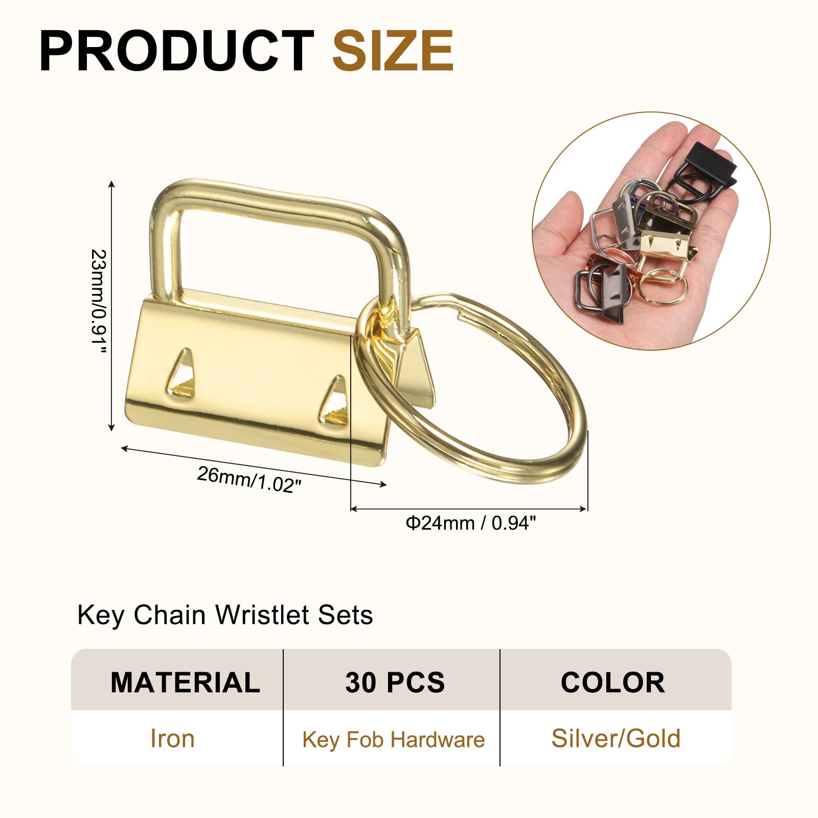 Uxcell 30 Pcs Key Fob Hardware, 1in 26mm Wristlet Clasp Sets with Key Rings for Keychain Making Supplies Lanyards Bag DIY Crafts, Silver/Gold