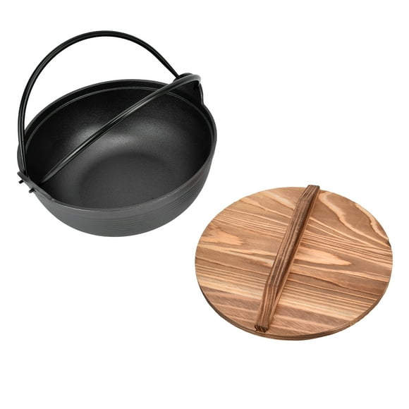 Estink Cast Iron Sukiyaki Pot with Wooden Lid, Rough Texture, Perfect for Noodles and Stews