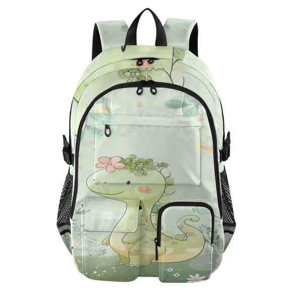 DIXRUYEE Blossom Green Dino Backpack for School 14”Laptop Compatible with Reflective Safety Strips