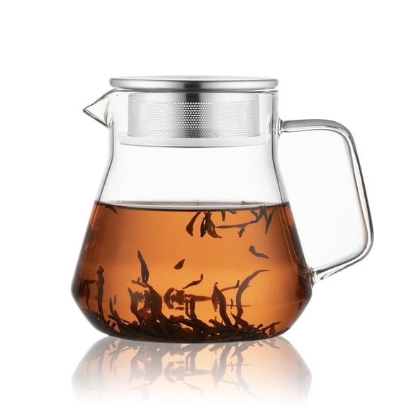 CNGLASS One-Touch Glass Teapot,20oz(600ml) Glass Tea Kettle with Stainless Steel Filter Lid,Stovetop Safe Tea Maker for Loose Leaf Tea