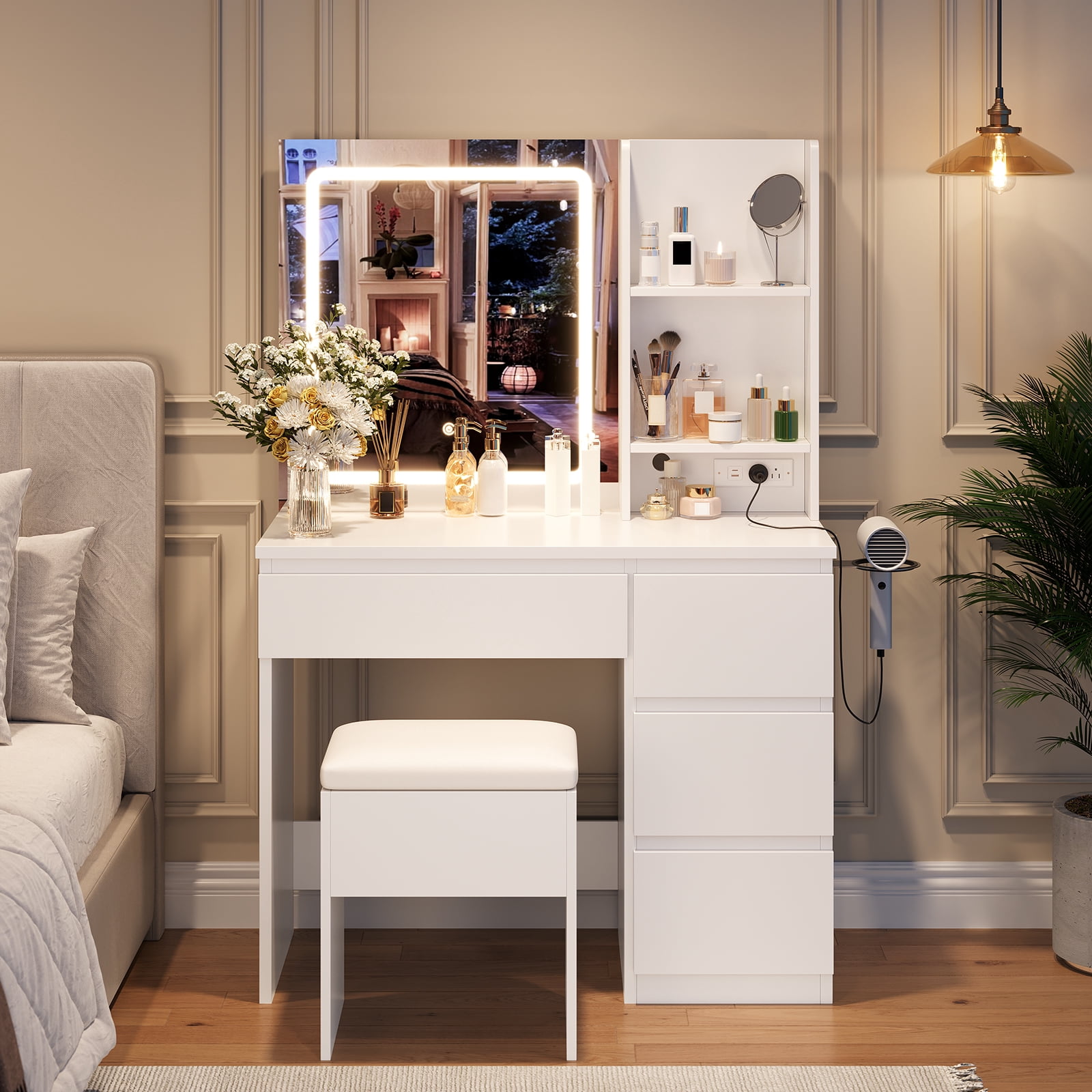 M optimized Vanity Desk with Mirror and Lights - Modern Makeup Dressing Table with Outlets, Storage Stool, 4 Drawers & Hair Dryer Holder - 3 Colors LED Vanity Mirror, Vanities for Bedroom