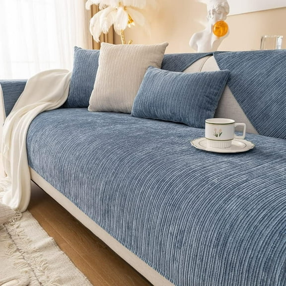 XmhyTop-A Soft Chenille Sofa Couch Cover Solid Color Striped Weave Textured Sectional Couch Covers Washable Anti-Slip Sofa Slipcover for Dogs Pet, 1 Piece/Not All Set (Blue,27"x27")