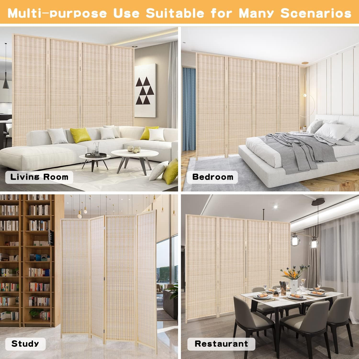 XF XINFENG Bamboo Room Dividers 4 Panel 72" Tall Folding Privacy Screen Partition Wall Divider for Living Room, No Assembly Needed, Natural