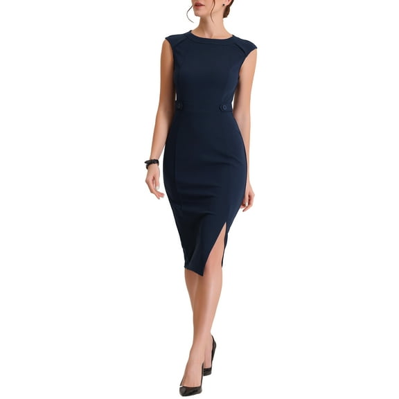 INSPIRE CHIC Women's Sheath Dress Sleeveless Work Solid Midi Dress XS Navy Blue