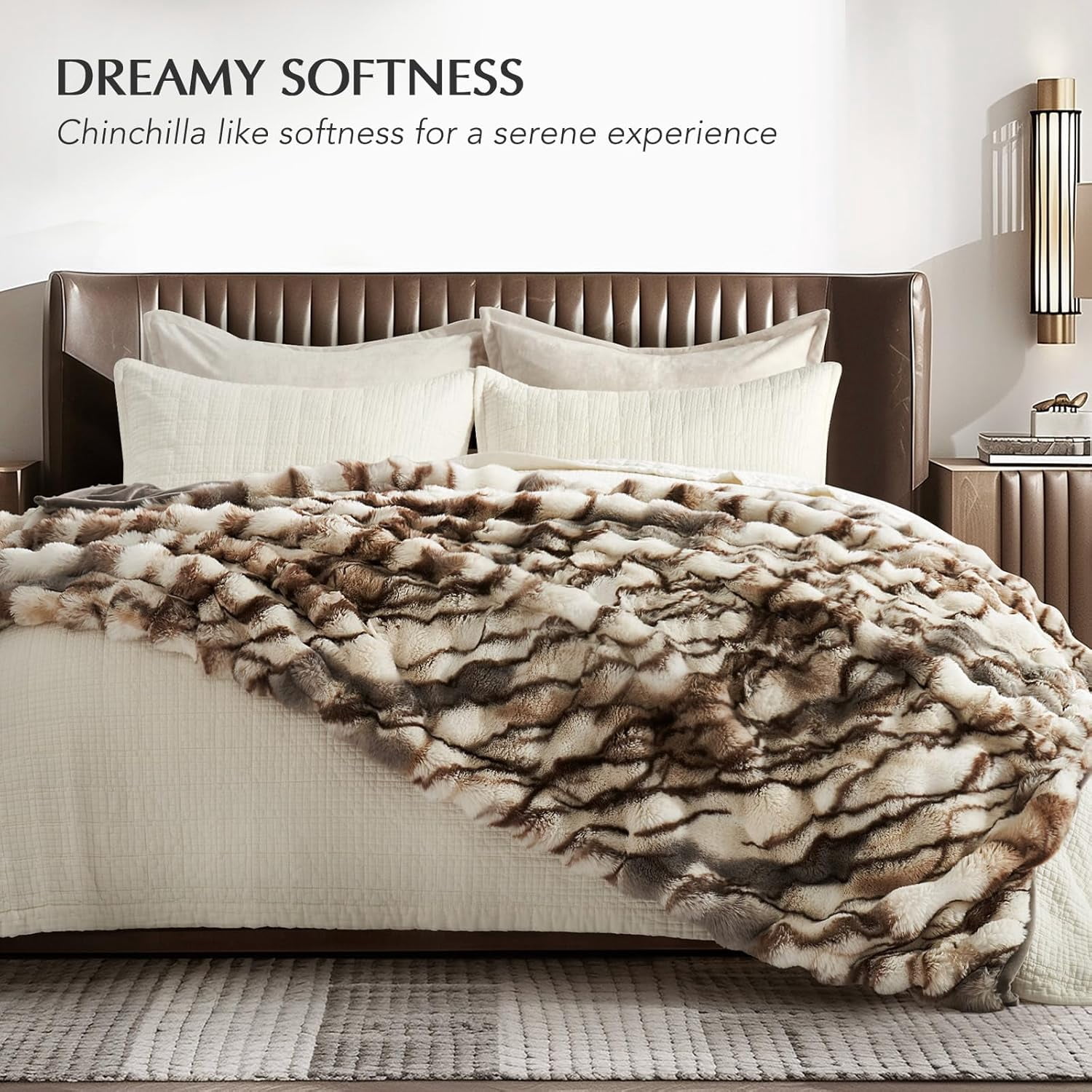 EVERGRACE Ultra Soft Luxury Fluffy Faux Rabbit Fur Throw Blanket, Thick Warm Bubble Throw for Bed, Cozy Plush Reversible Blankets for Couch, Chair, Sofa, Beige & Gray, 60x80 Inches, 870 GSM