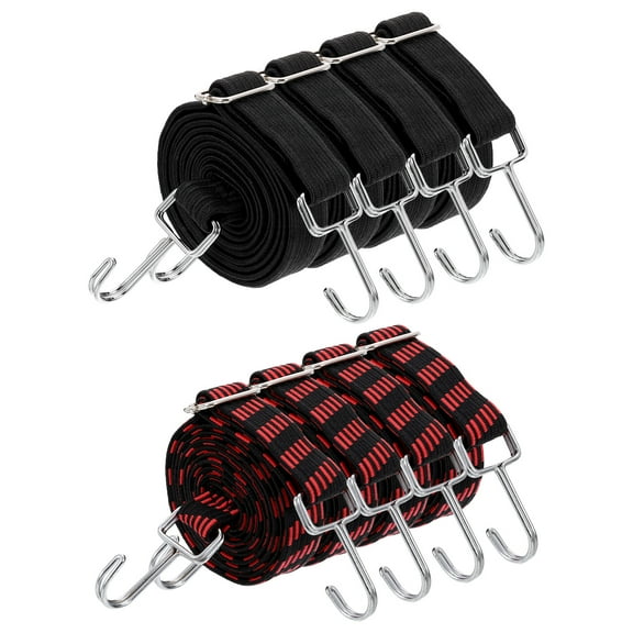 Uxcell 8 Pack Adjustable Bungee Cords with Hooks, 79 Inch Flat Heavy Duty Elasticity Straps Rubber Bungee Cords with Buckle for Outdoor, Camping, Tarp, Bike Rack, Luggage, Black/Black Red