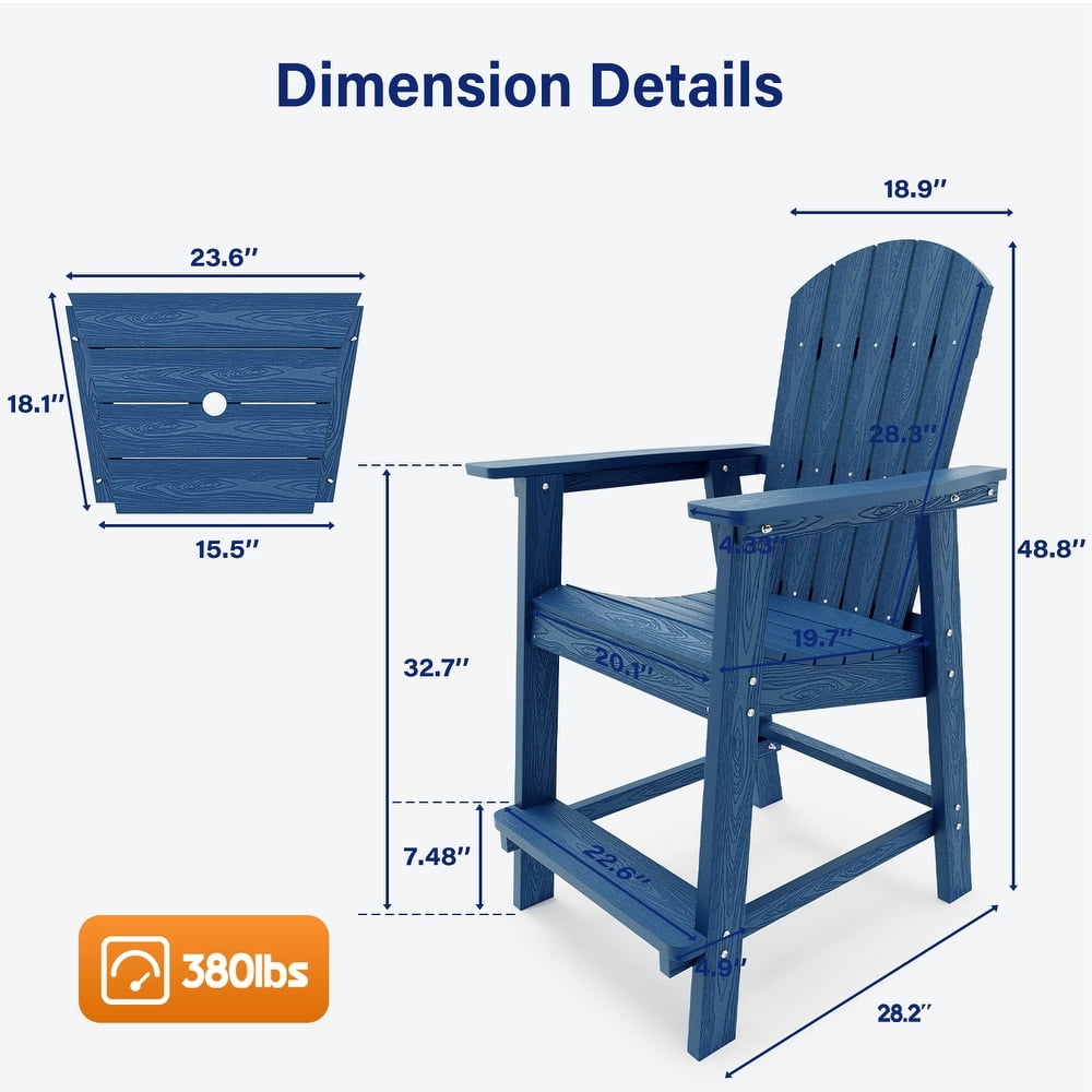WINSOON Tall Adirondack Chair Set of 2 with Connecting Tray,Outdoor Bar Stools-Navy