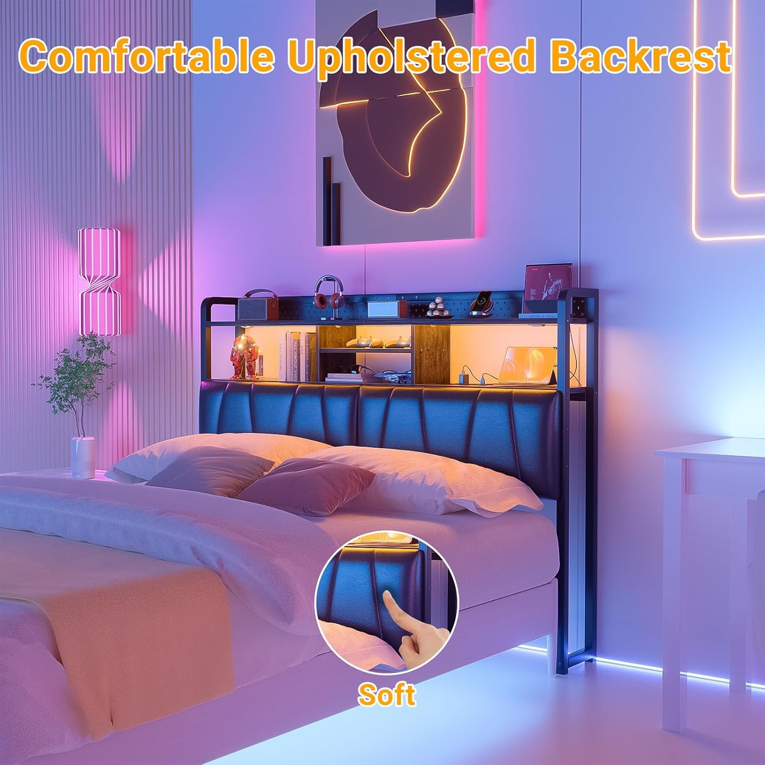 iSunirm Queen Size Upholstered Headboard with Power Outlets, USB Ports & RGB LED Light, Comfy Leather Headboards with Storage Shelf, Sturdy Queen Bed Headboard for Bedroom/Dorm Room, Black Oak