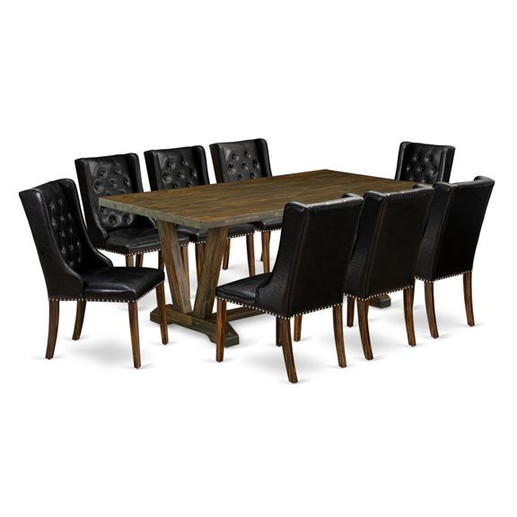 East West Furniture V-Style 9-piece Wood Dining Table Set in Jacobean Brown