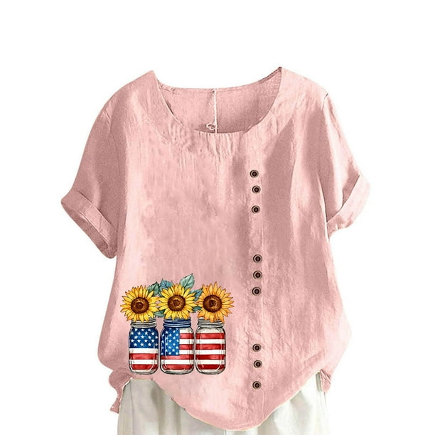 Vestidos Casuales Para Mujer, Blusas De Mujer De Moda Blusa informal de lino con botones y manga corta estampada para mujer