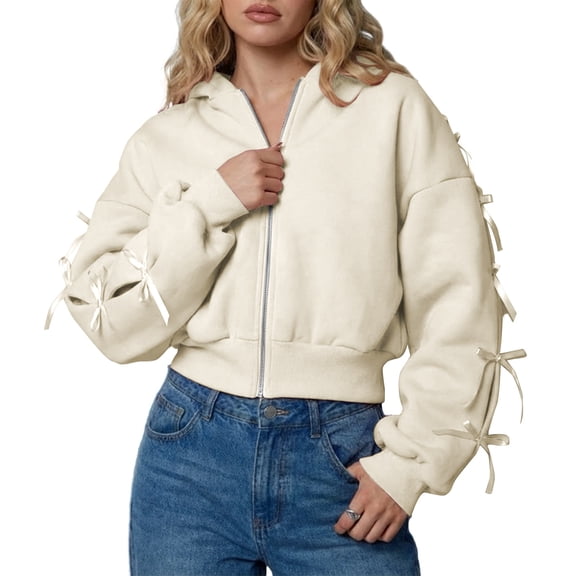 Bibifish Womens Hoodies Fall Cute Bow Sleeve Cropped Full Zip Hooded Sweatshirts Open Front Tops
