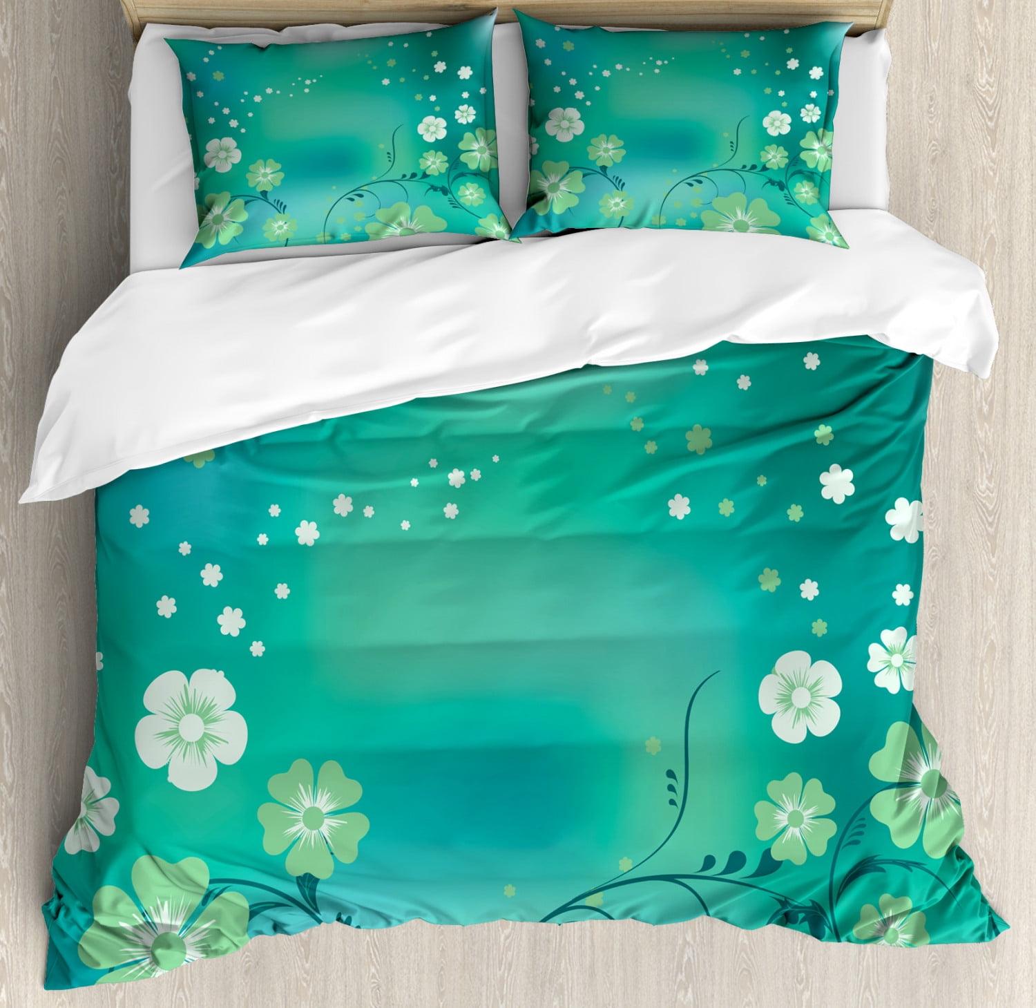 Green Flower Duvet Cover Set, Magical Floral Arrangement Mystical Vibes